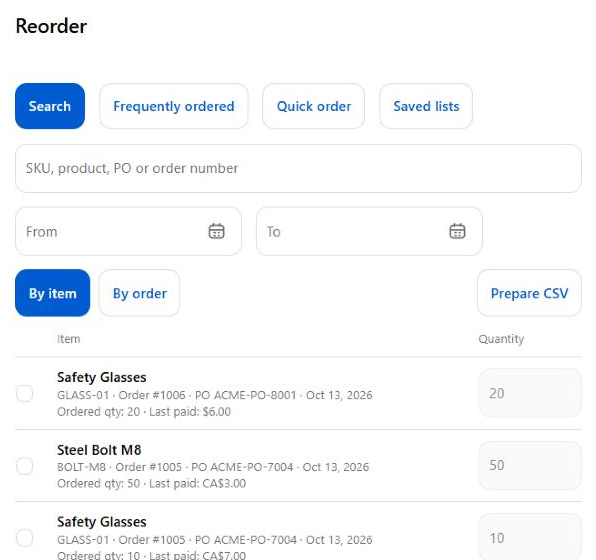 Reorderly order search in the customer account: a searchable list of past items with quantities and a CSV export.